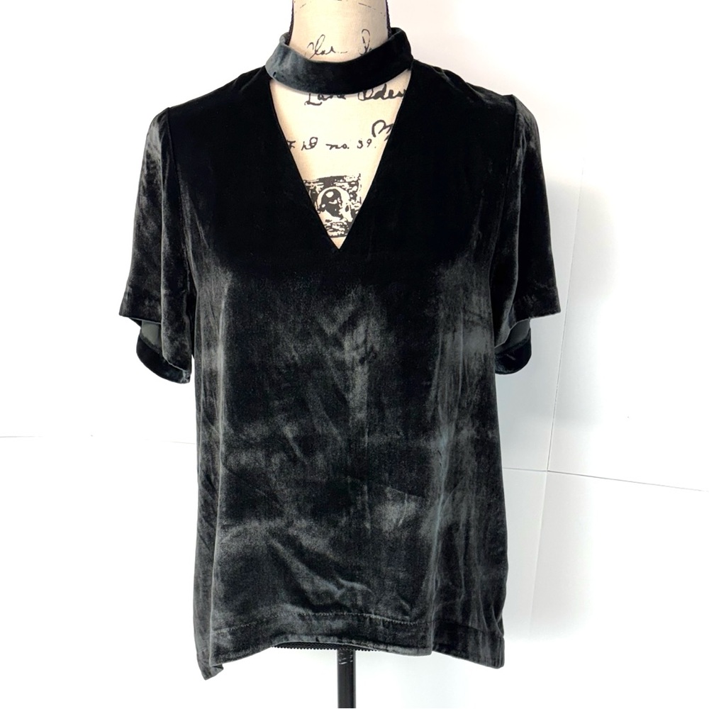 NWT Madewell Women M Velvet Silk Blend Choker Collar Top Dark Green V Neck Goth